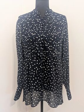 George Navy and White Polka Dot Tie-Waist Tunic with Pleated Bodice and Buttons